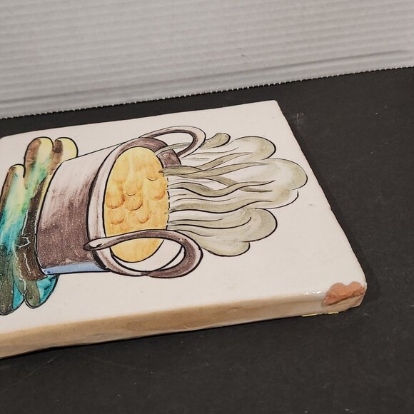 Vintage Kitchen Clay Tile Hand Painted with Steaming Cooking Pot Grazed 8.25" - Picture 6 of 6